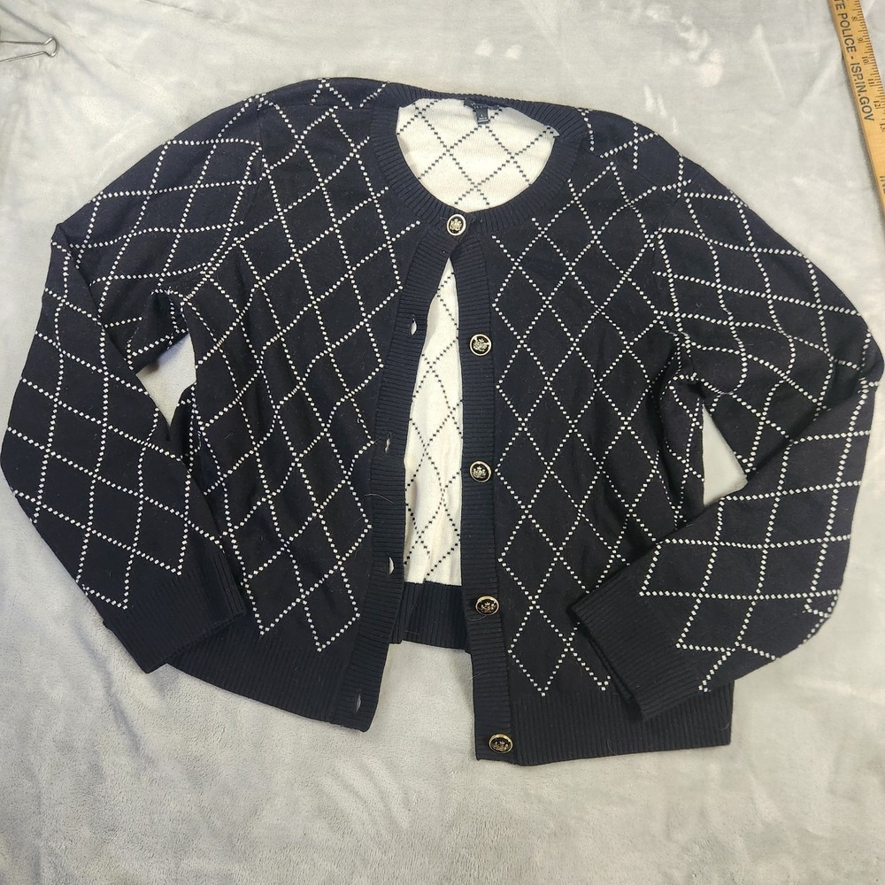 Talbots Cardigan Womens M 3/4‎ Sleeve Argyle Sweater Button Front Black & White
